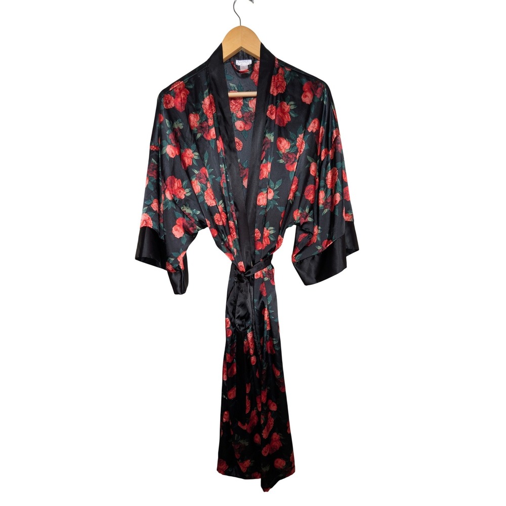 AMBRIELLE Satin Floral Sleepwear Robe Womens L Black‎ Red Rose Wrap Belted Y2K